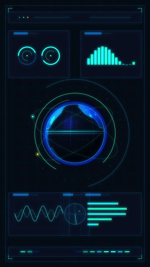 Hud animation loop showing futuristic tech interface, glowing cyan charts Stock Footage 346548892