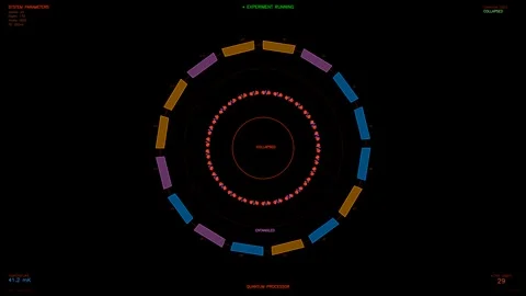 Hud animation shows quantum processor status with running experiments and v.. Stock Footage 328435641