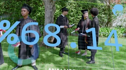 HUD appearing, analysing grad data, grads celebrating diplomas on lawn while Stock Footage 333221603