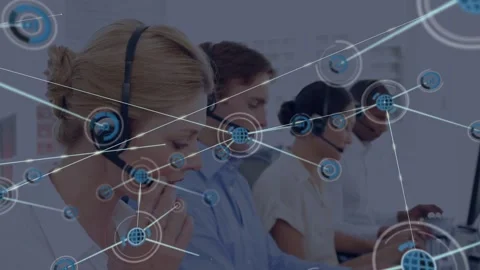 HUD appearing and expanding network with globe icons overlaying support agents, Stock Footage 333574845