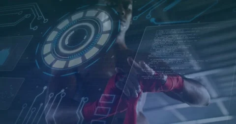 HUD appearing, boxer wrapping red wraps, tightening, tucking, gesturing toward Stock Footage 331085229