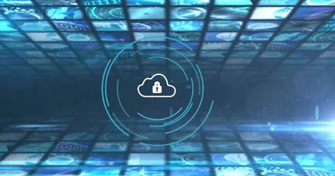 HUD appearing, causing cloud-lock growing rotating cyan rings across tile grid, Stock Footage 321700934
