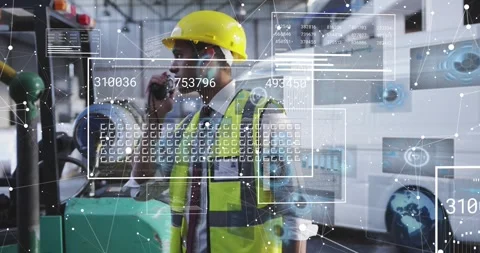 HUD appearing causing tech lifting radio walking bay, checking engine while HUD Video stock 330622405