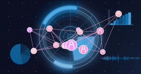 HUD appearing, central cluster reshaping with avatar pulsing, charts growing, Stock Footage 321453426