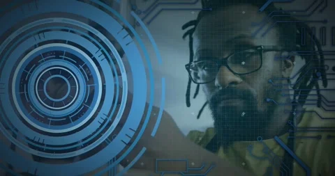 HUD appearing, developer leaning, touching blue HUD, manipulating code and Stock Footage 331046161