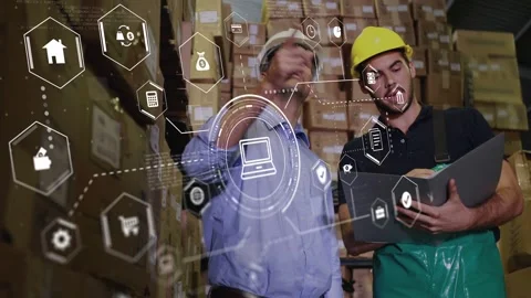 HUD appearing, manager pointing up, worker checking folder, AR tagging warehouse Stock Footage 334202621