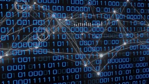 HUD appearing, network reshaping over binary grid, nodes pulsing, metrics Stock Footage 334337821