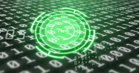 HUD appearing over binary grid, rings rotating readout updating glyphs cascading Stock Footage 329533578