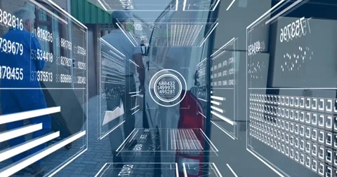HUD appearing over load, two men coming, checking boxes as HUD updating numbers Stock Footage 334183116
