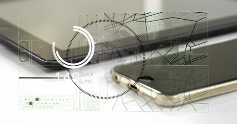 HUD appearing over tablet, ring filling, counts rising, graphics shifting to Stock Footage 320651769