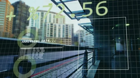 HUD appearing over walkway, numbers updating, binary box appearing, frame Stock Footage 333925499