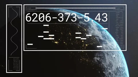 HUD appearing, overlay cycling codes while Earth rotating, camera revealing limb Stock Footage 320916258