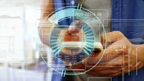 HUD appearing on phone being held, thumb tapping and swiping, panels rotating, Stock Footage 329870830