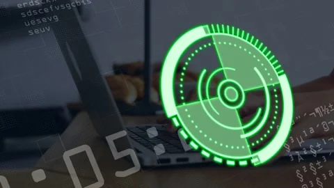 HUD appearing right, hands moving and typing keys, timer rising, rings rotating Stock Footage 334884188