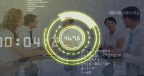 HUD appearing, rotating readout, five staff turning, gesturing, reviewing Stock Footage 331757456