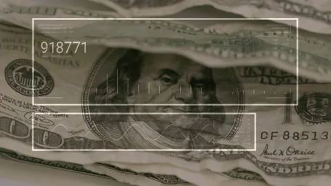 HUD appearing starting counters scanning while stacked USD100 bills showing Stock Footage 329454494