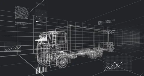 HUD appearing, starting wireframe semi truck centering while charts rising, Stock Footage 329910369
