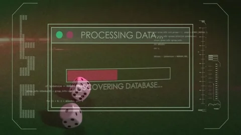 HUD appearing, three white dice rolling on green felt while progress bar Stock Footage 329898883