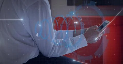 HUD appearing when man tapping phone, camera pulling back, lines sweeping Stock Photos
