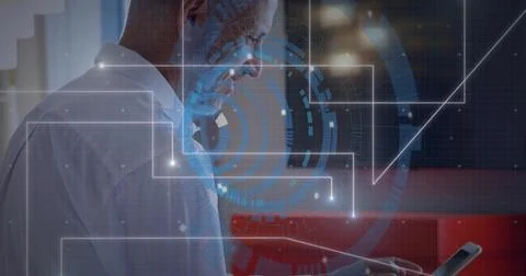 HUD appearing when man tapping phone, camera pulling back, lines sweeping Stock Photos