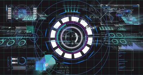 HUD assembling on start, rotating rings and lighting segments as panels updating Stock Illustration