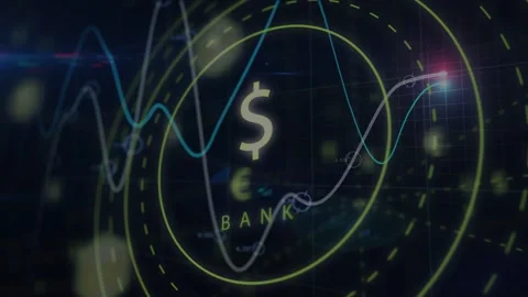 HUD banking display receiving live data feed, animating waveform graphs and Stock Footage 333689116