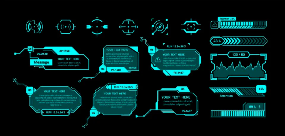 HUD banners. Futuristic interface elements with copy space. Message boxes and Illustrazione stock