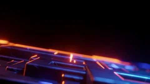 HUD blured Close-up of a futuristic FIRE red and blue light digital display Stock Footage 280332802