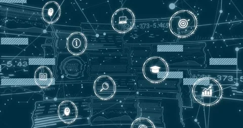 HUD booting, icon network expanding and shifting with globe, magnifier, chart, Stock-Footage 330427618