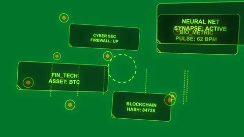 HUD booting via node pulse, rotating, nodes orbiting, ring flashing, monitoring Stock Footage 329548154