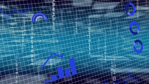 HUD building as tilted grid shifting bars rising bit columns falling meters Video stock 334744348