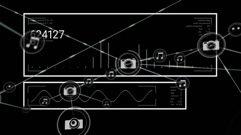 HUD camera node animating network while offscreen lines initiating nodes, Stock Footage 331700989