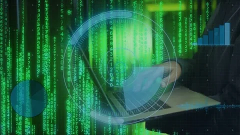 HUD circle appearing, hands moving and typing, HUD rotating and green code Stock-Footage 335212054