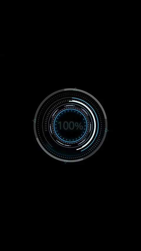 HUD circle complete loading screen one hundred percent display, glowing cyan arc Stockbeeldmateriaal 340548187