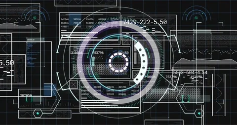HUD circle expanding on load, rings rotating, data updating, magnifier marking Stockbeeldmateriaal 321783363
