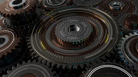 HUD cirle elements on metallic gears in a machine resembling a terrestrial plant Video stock 266916145