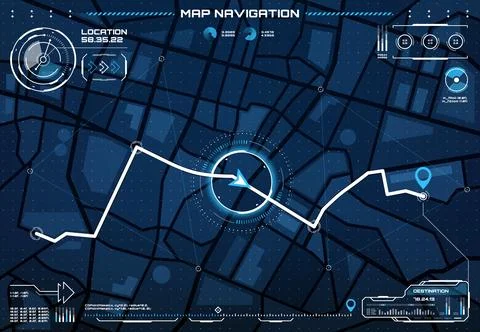 HUD city map navigation interface screen and route Stock Illustration