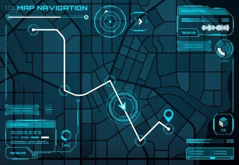 Hud city map navigation interface screen, route Stock Illustration