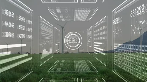 HUD corridor booting, panels populating numeric data, reticle updating for Stock Footage 333192746
