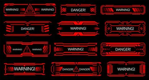 Hud danger alerts. Attention vector red interface signs, warning and caution UI 库存插图
