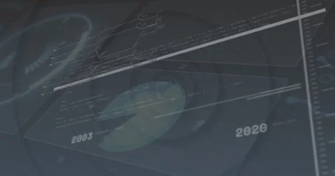 HUD data visualization appearing, animating bands and pulsing network while Stock Footage 329470847