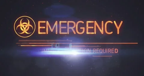 HUD detecting biohazard and animating EMERGENCY title, IMMEDIATE ACTION REQUIRED 動画素材 329701829