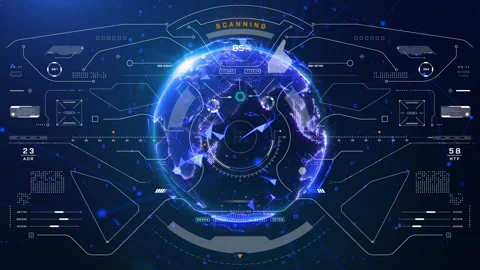 HUD digital control panel display with blue rotating earth in galaxy 4K motion Stock Footage 312980939