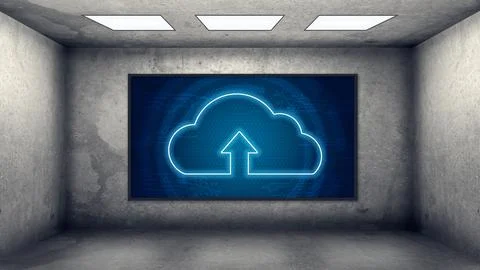 HUD digital display with cloud computing interface in concrete room 스톡 사진