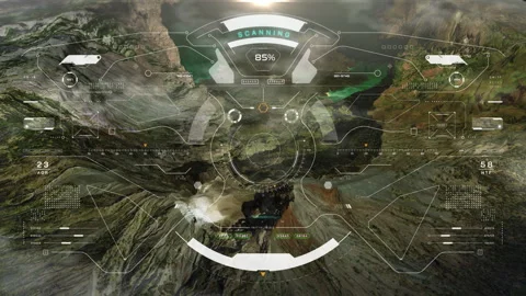 HUD digital panel interface aerial view flying through explore over mountains Video stock 336900386