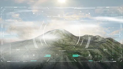 HUD Digital Panel Interface Aerial View Flying Over Forest Mountain Landscape 스톡 동영상 338282856