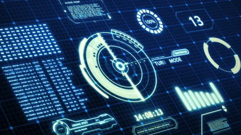 HUD driving car speed user interface computer screen display with pixels back Stock Footage 137683203