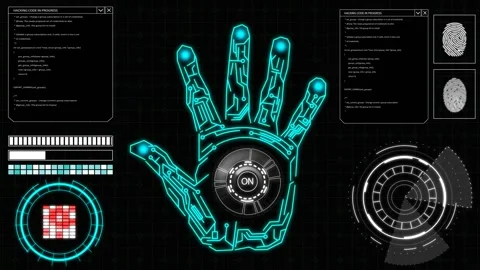 Hud elements on a computer display with hand scanning and fingerprints on a scre Stock Footage 132060715