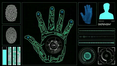 Hud elements on a computer display with hand scanning and fingerprints Stock Footage 139937503
