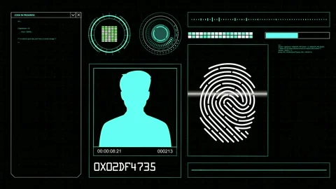 Hud elements on a display with fingerprint scanning and person identification Stock Footage 132507475